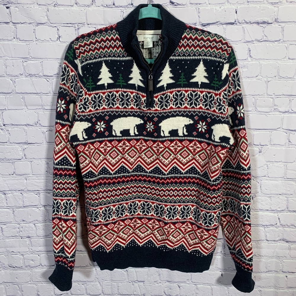 Aspen Mens Fair Isle Animal Print 1/4 Zip Sweater Red Blue Sz L Fisherman Casual